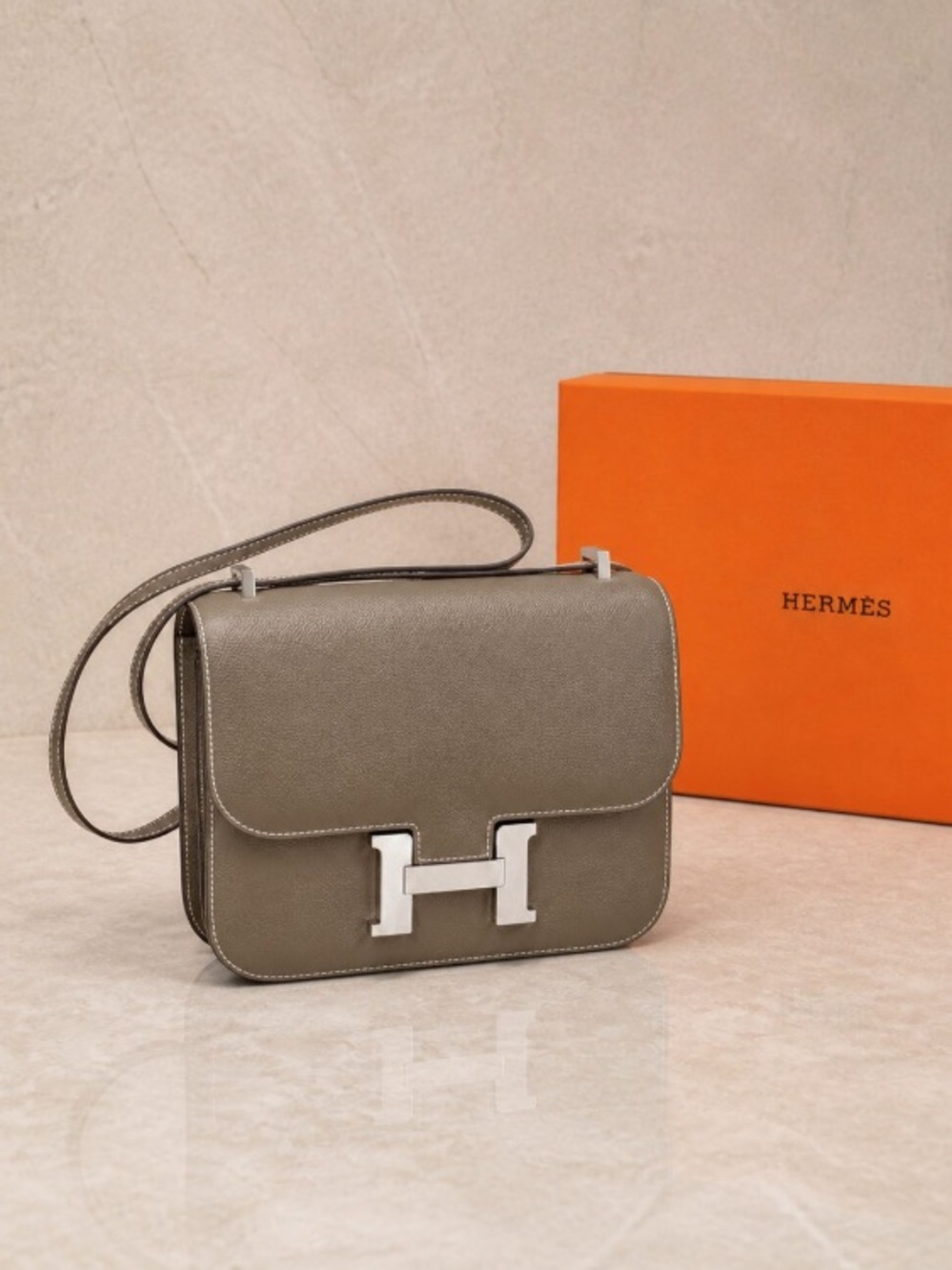 Hermes Etoupe Epsom Calfskin Constance Crossbody with Palladium Hardware